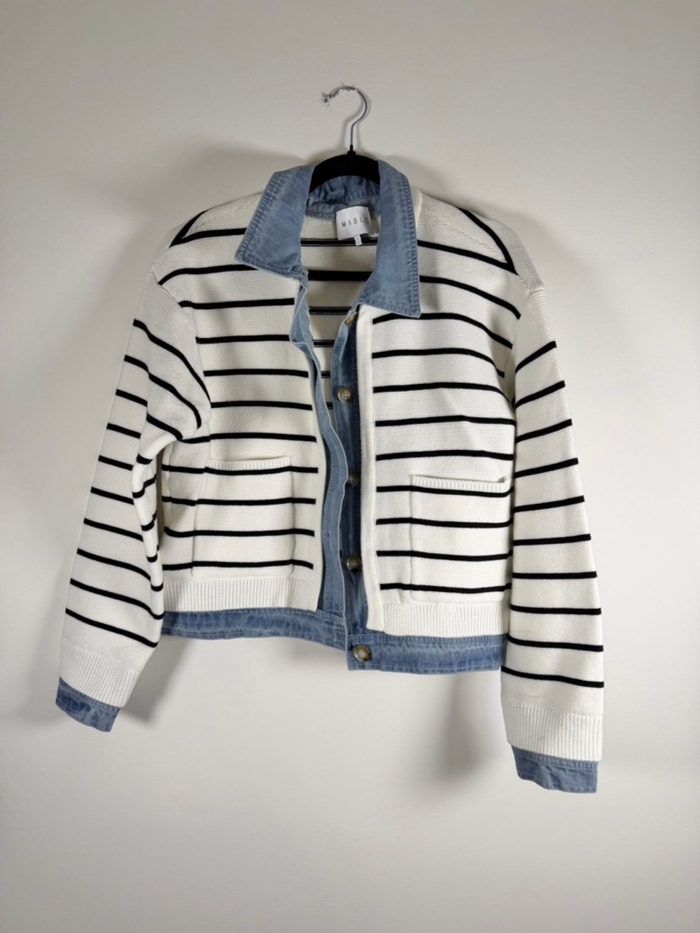 Mabel Striped Knit Jean-Trim Jacket - White/Black